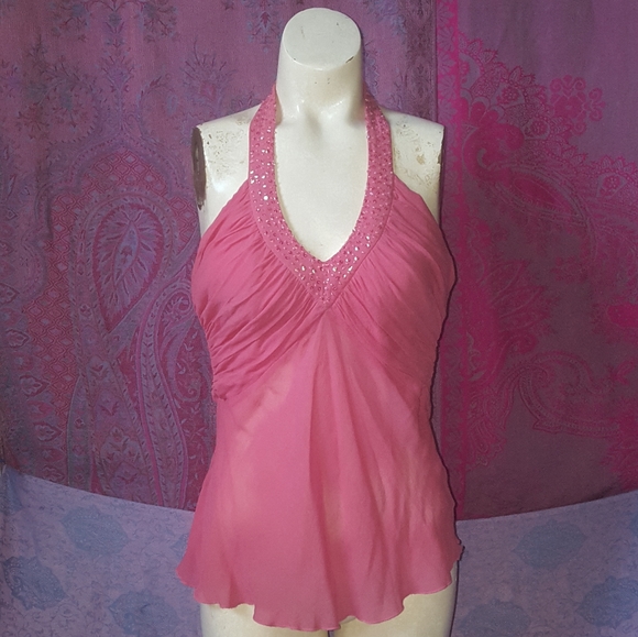 2/$35 Bebe Coral Pink Beaded Ruched Silk Halter Top - Picture 7 of 16